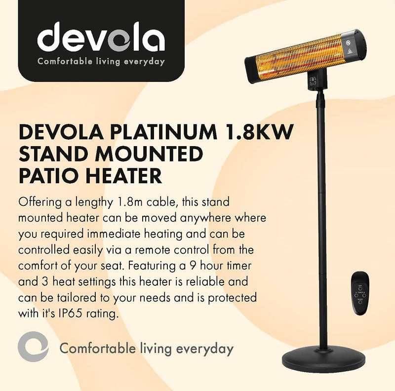 Devola Platinum 1.8kW Stand Mounted Patio Heater with Remote Control IP65 - Black - DVPH18PSMB, Image 2 of 9