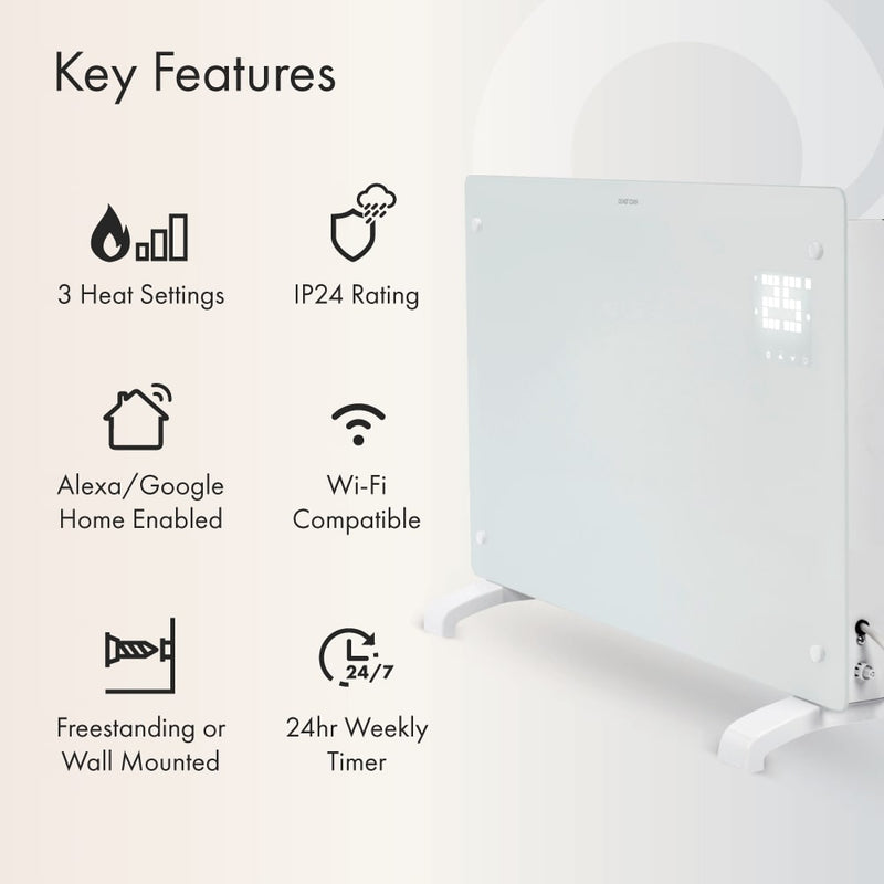 Devola Designer 2.5kW Smart Glass Panel Heater with Timer White -  DVPW2500WH, Image 5 of 9