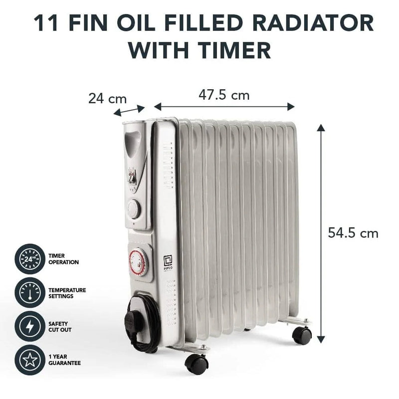 Pifco 2.5kW White 11 Fins Oil Filled Radiator With Timer - PIF203885, Image 2 of 2